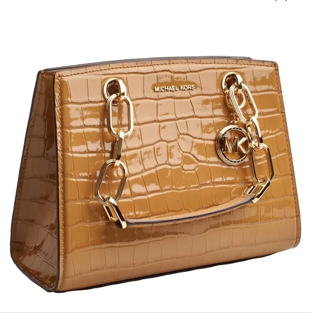 NWT Michael Kors Cynthia Small Croc Embossed Leather Satchel Chestnut